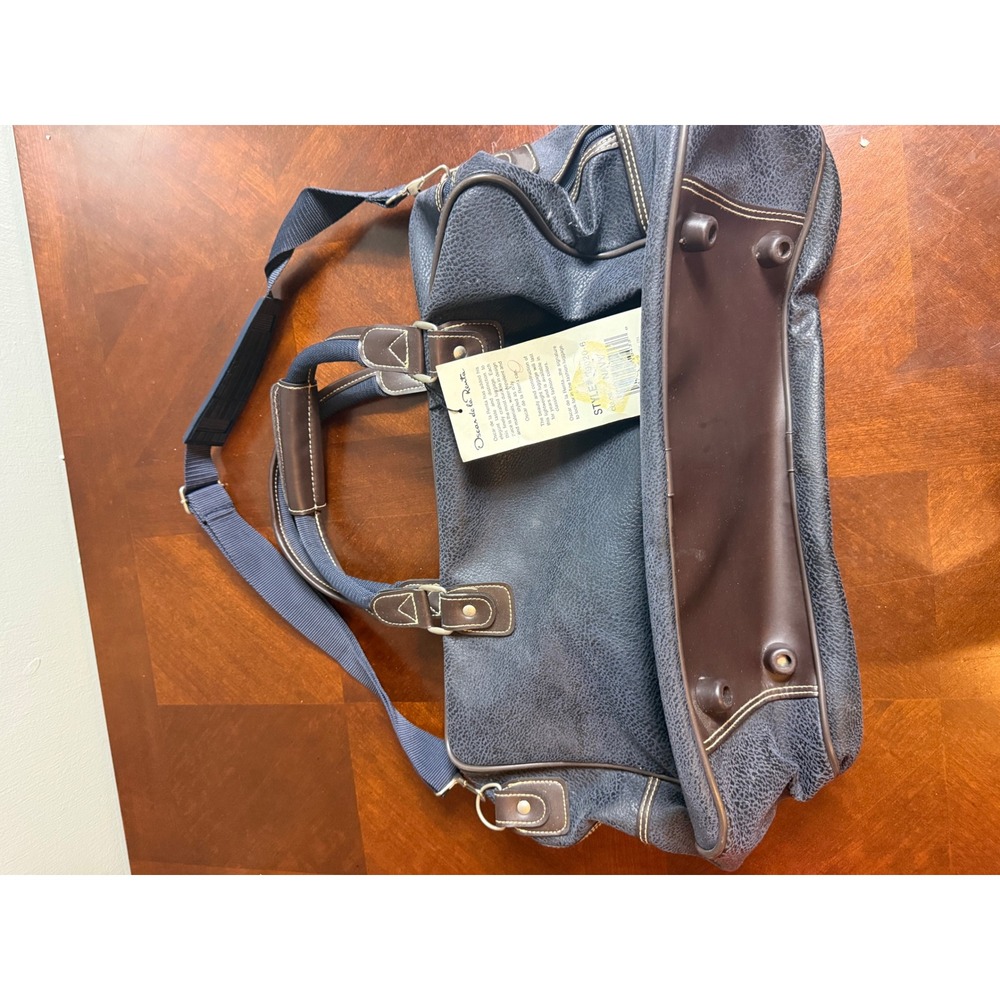 Vtg Oscar de la Renta Carry-On Bag Navy Pebble Suede 90s Weekender‎ Duffel Brown - Picture 9 of 12